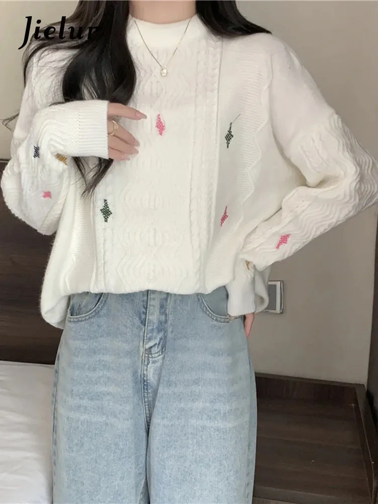 Women Knitted Sweater Autumn New O-Neck Vintage Embroidered Knitwear Baggy Long Sleeve Warm Lady White Pullover Chic