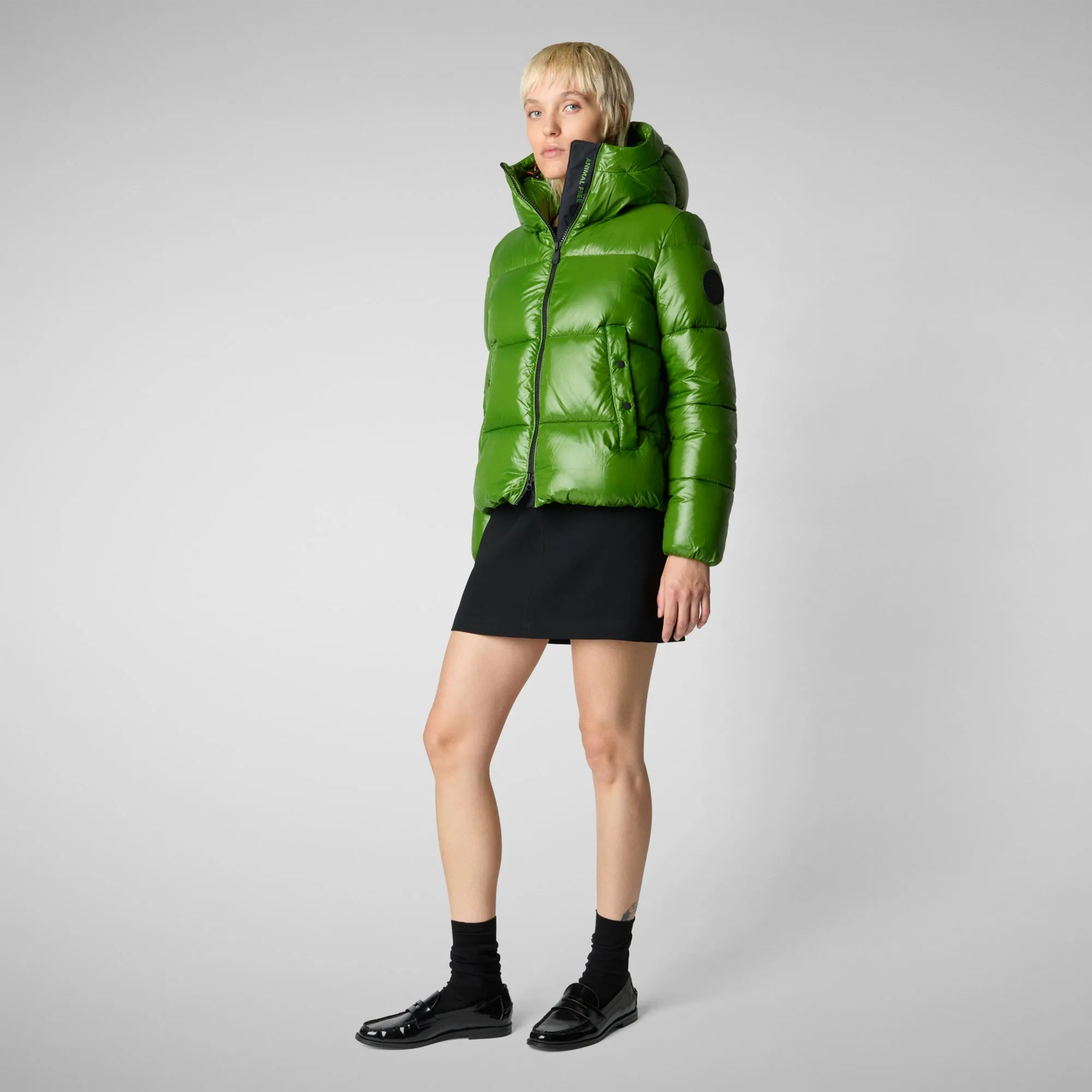 Women's Hooded Animal free Puffer Jacket Biddy in Grass Green