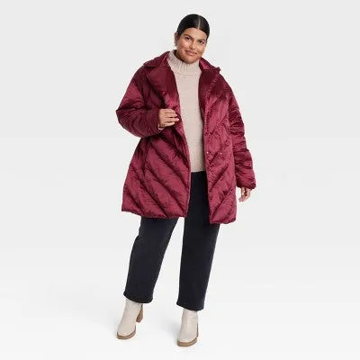 Women's Plus Size Puffer Jacket - Ava & Viv Berry Red 2X