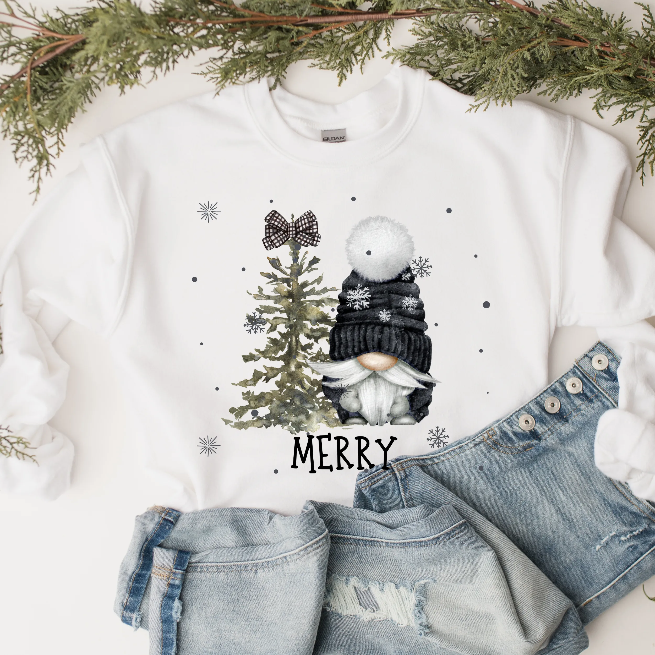 Women's Winter or Christmas Crewneck Sweatshirt Gift for Her Hand Drawn Gnome and Christmas Tree Merry Unisex Size Cozy Oversize Pullover