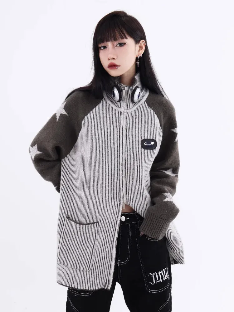 Y2k Harajuku Streetwear Star Graphics Sweaters Korean Grunge Zip Up Knitted Tops American Vintage Grey Cardigans Women