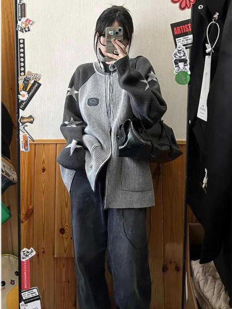 Y2k Harajuku Streetwear Star Graphics Sweaters Korean Grunge Zip Up Knitted Tops American Vintage Grey Cardigans Women