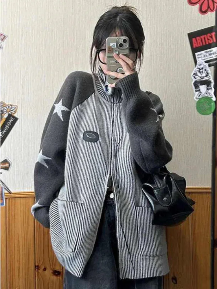 Y2k Harajuku Streetwear Star Graphics Sweaters Korean Grunge Zip Up Knitted Tops American Vintage Grey Cardigans Women