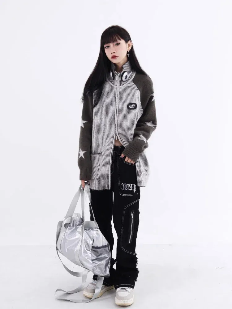 Y2k Harajuku Streetwear Star Graphics Sweaters Korean Grunge Zip Up Knitted Tops American Vintage Grey Cardigans Women