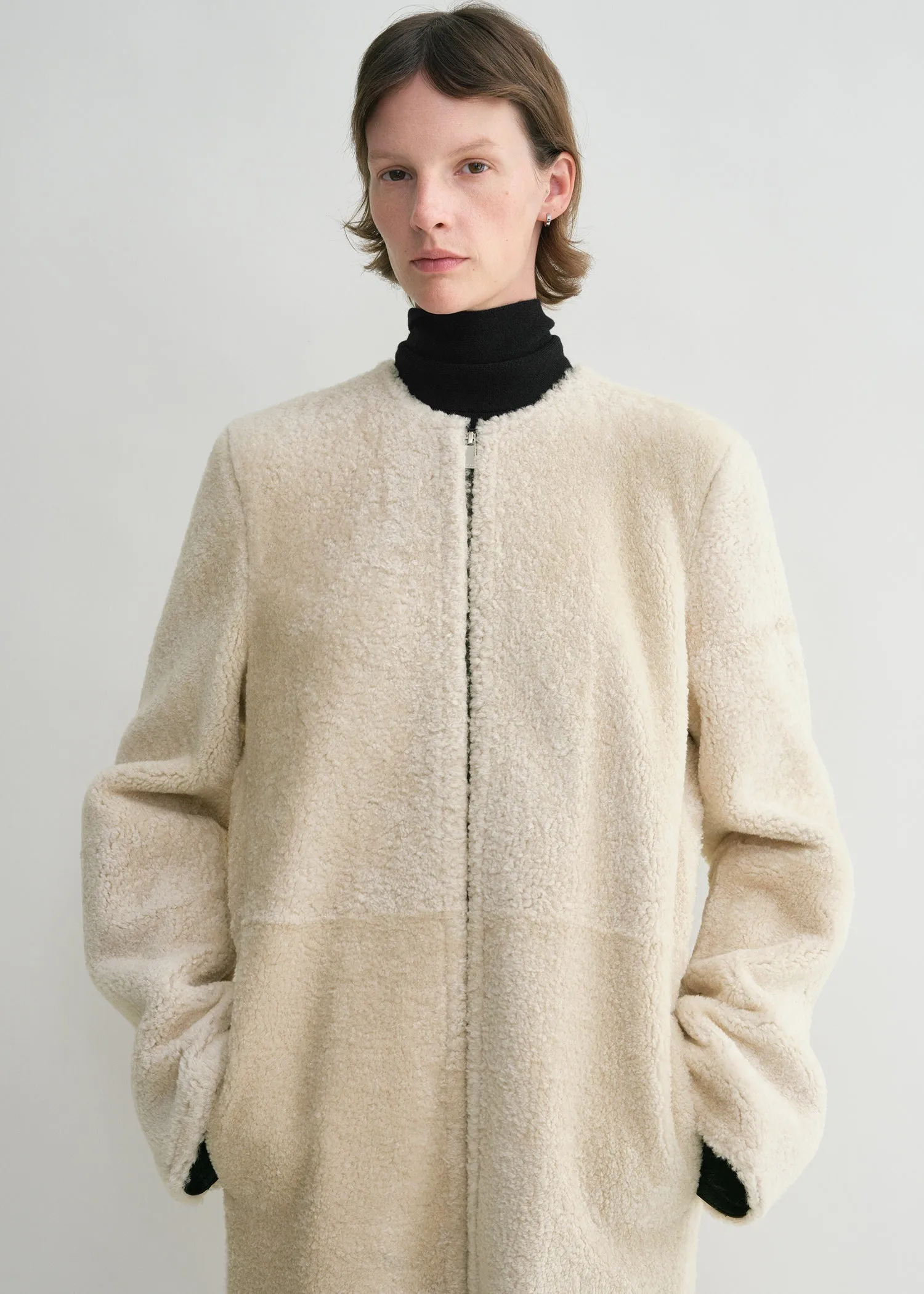 Zipped teddy shearling coat cream